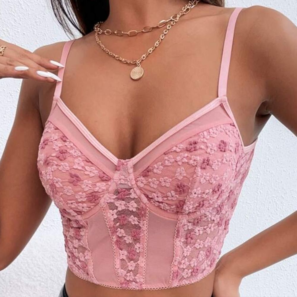 EUC SHEIN Pink Floral Lace Mesh Bustier Crop Lace Underwire Cami Bra Top, S